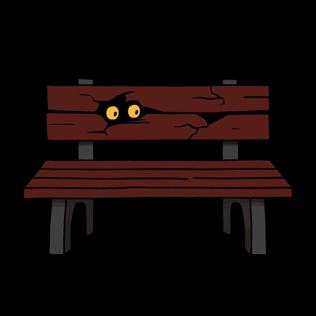 Creepy cartoon wooden bench with cracks and glowing yellow eyes on black background