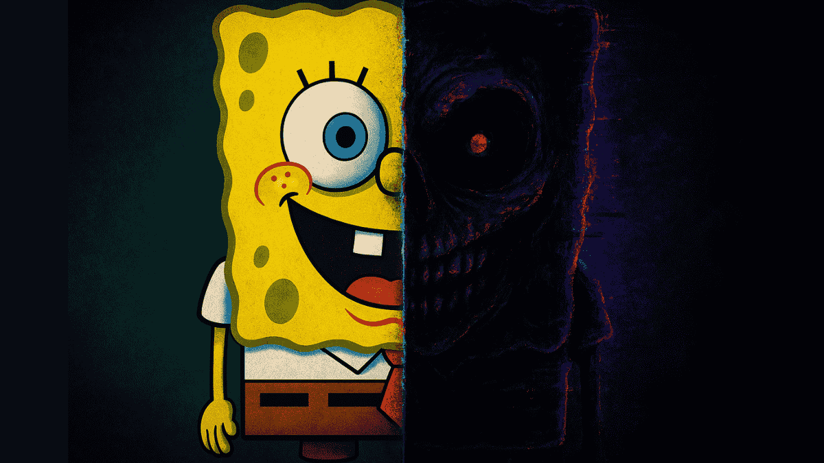 Split-image of SpongeBob meme showing cheerful and dark glitch side.