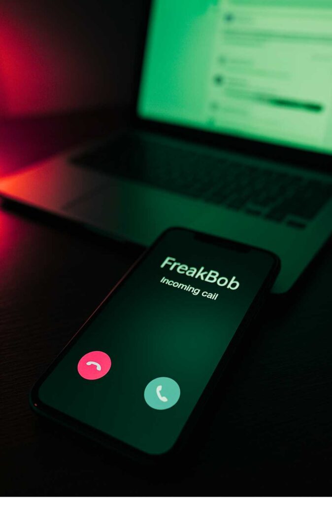 AN image of mobile in which freakbob calling, and in background the blur laptop screen