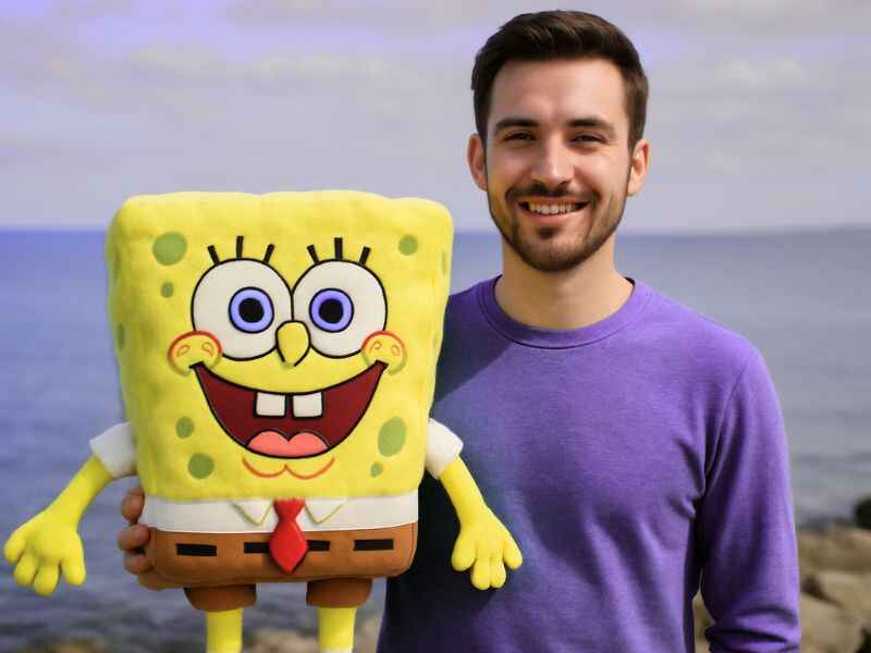 A man holding spongebob in hand