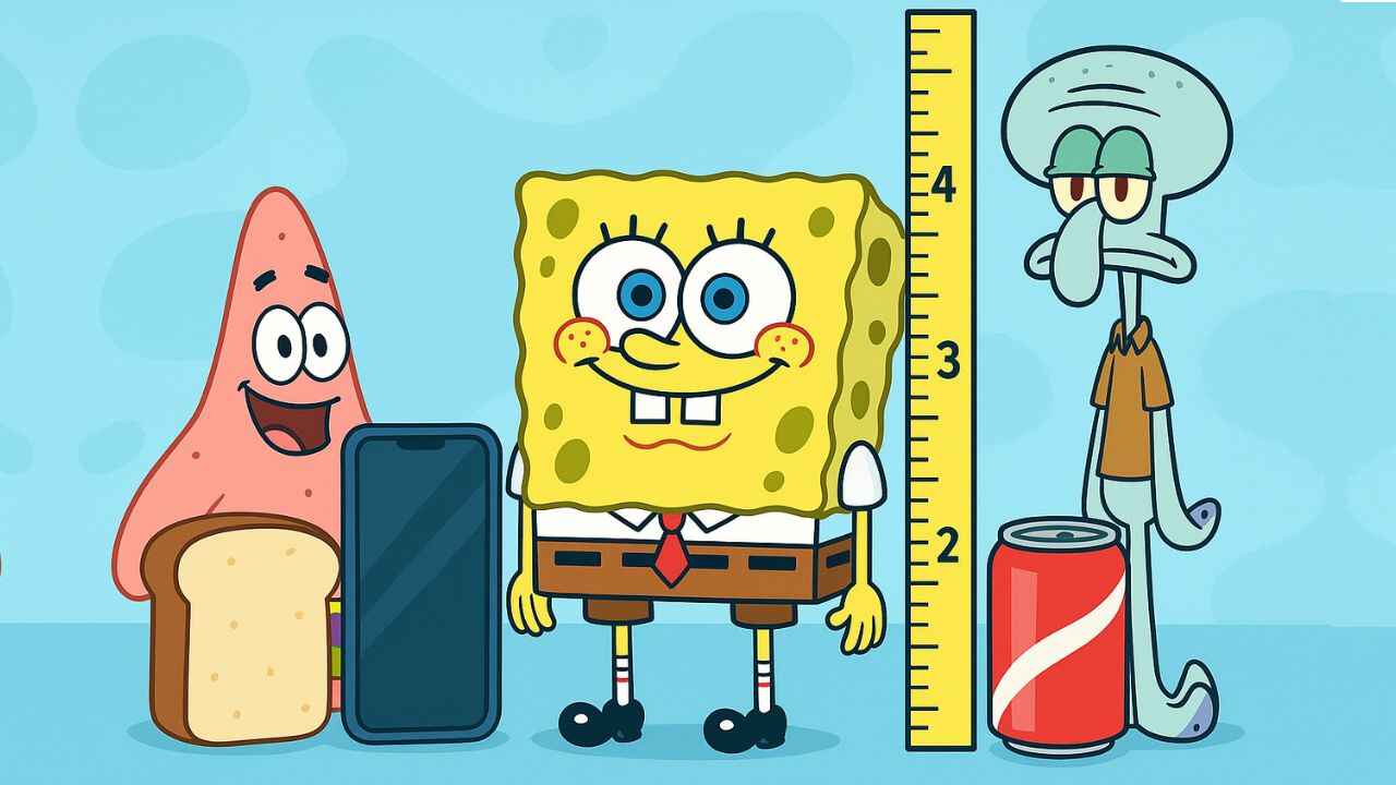 SpongeBob height comparison to soda can, smartphone, bread slice