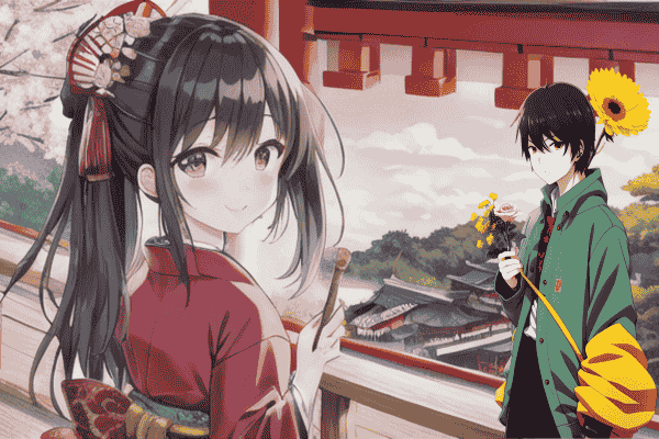 Manga freak girl and boy with beautiful background