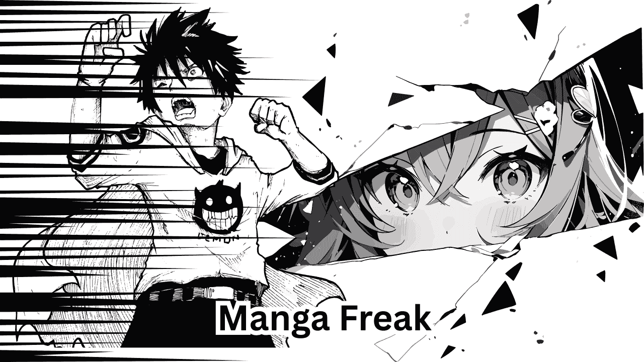 Manga girl watching manga boy fighting from broken window and manga freak text on an image.