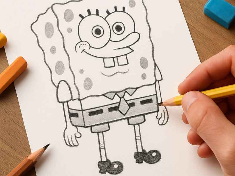 An hand drawing a spongebob cartoon