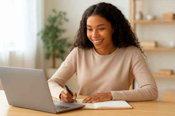 Happy Successfull Women writing on note book in front of laptop