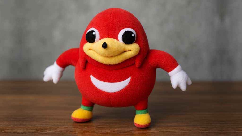 Ugandan Knuckles Meme Toy Standing On Wooden Floor