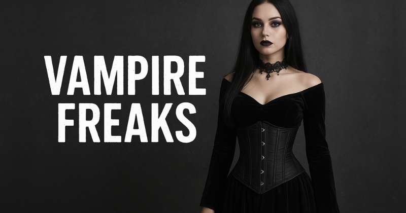 A girl wear vampire outfit with heading vampire freaks