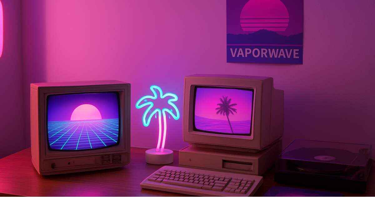 Vaporwave aesthetic retro computer desk with neon lights and VHS screen.