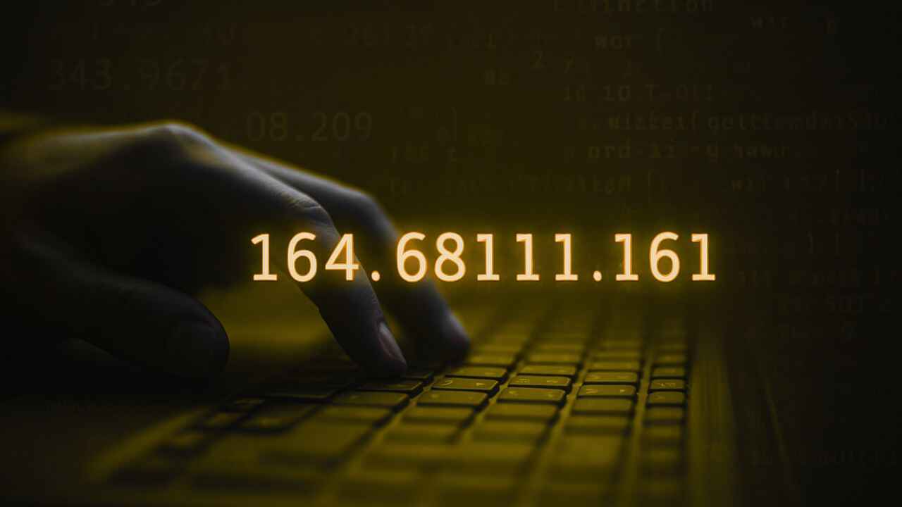 Hand typing on keyboard with floating code 164.68111.161 overlay