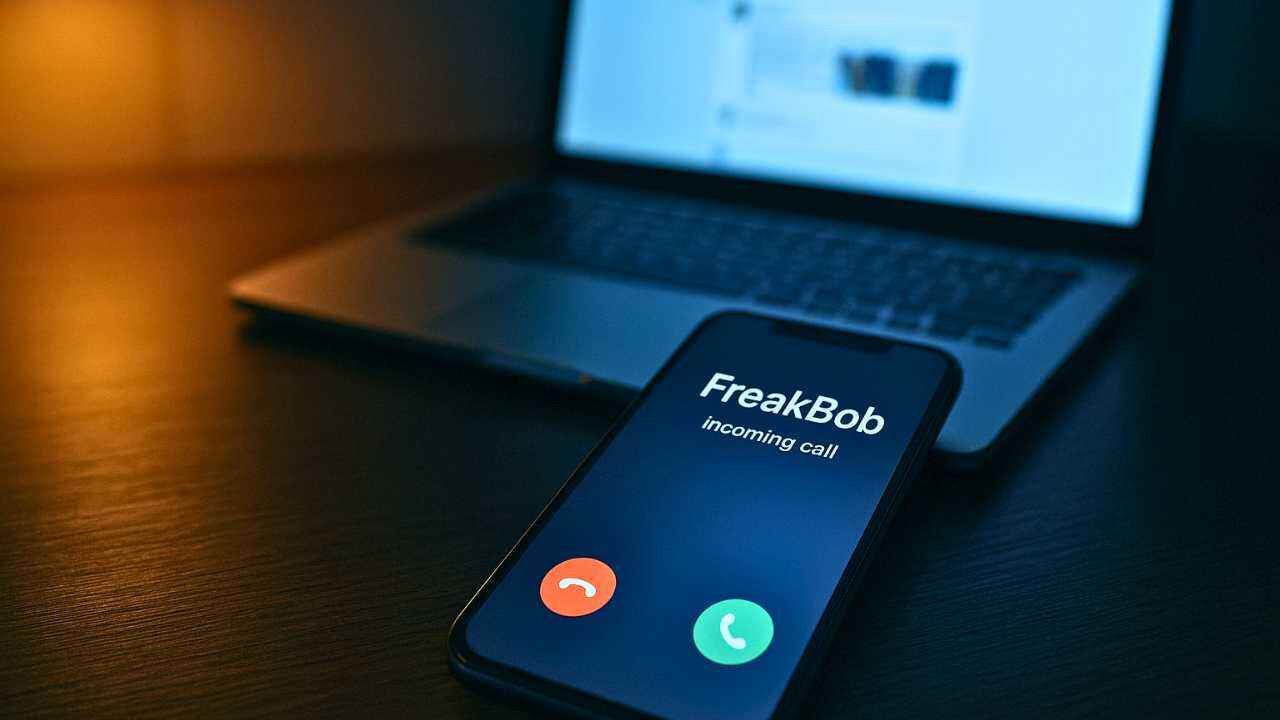 mobile on table in which freakbob calling, represent "What is FreakBob Number" and in background the blur laptop screen