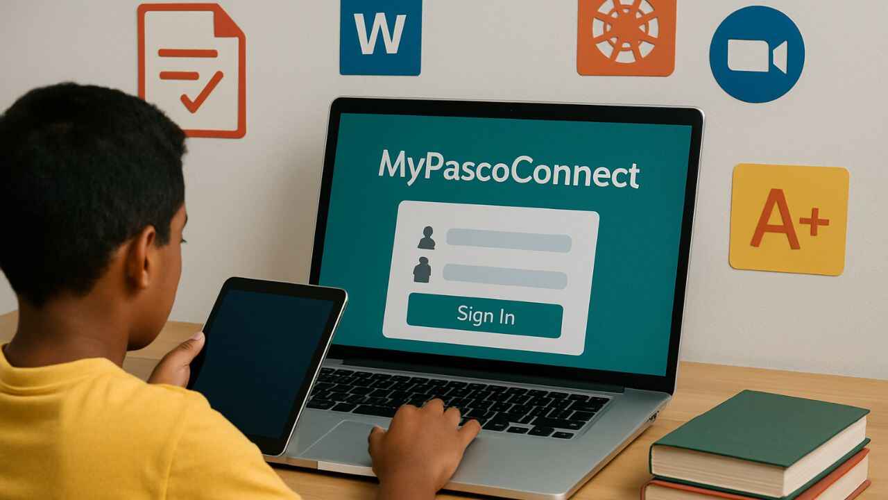 A student using a laptop to log into MyPascoConnect, holding a tablet, with school icons and books on a desk.