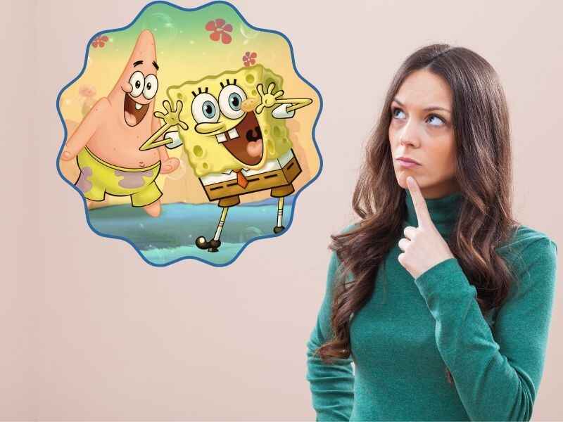 Women thinking why was spongebob made and spongebob cartoon in frame