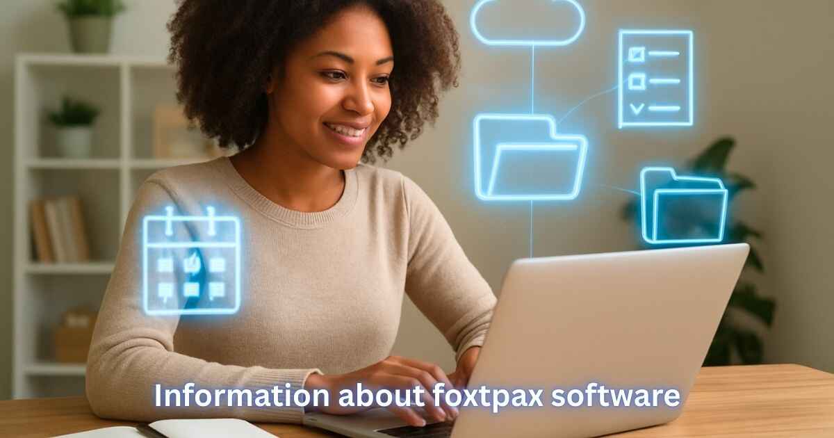 Black girl using laptop with holographic UI elements and technical interface with Information about foxtpax software