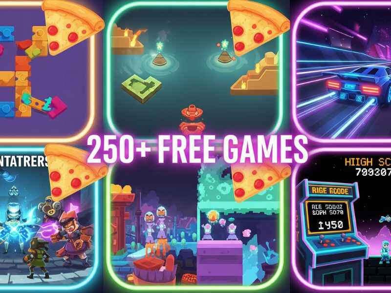 Collage of puzzle, racing, multiplayer, and arcade games from The Pizza Edition, each framed with glowing pizza slice borders and central text highlighting over 250 free games.