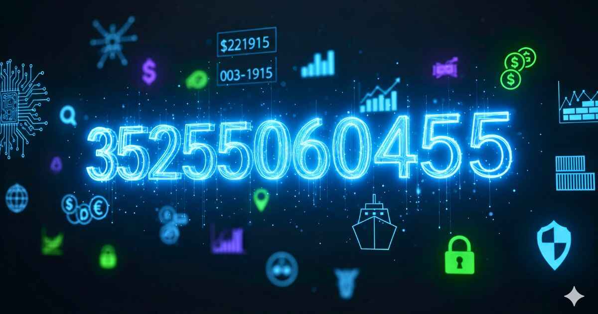 A glowing string of numbers, "35255060455," floating in neon blue light against a dark background with blurred symbols of technology, finance, and security.