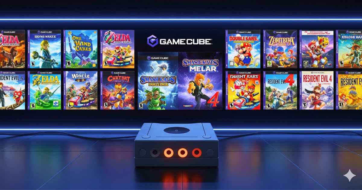 Collage of best GameCube games with Nintendo GameCube console