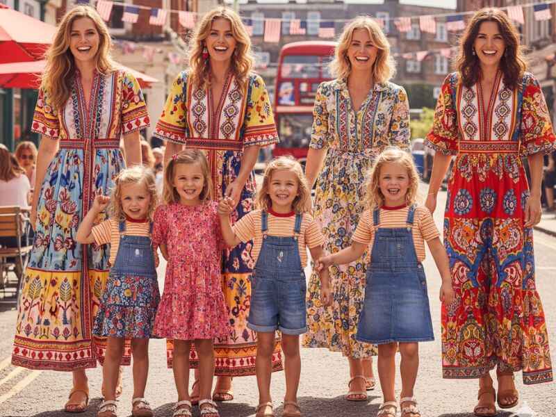 Boden USA image with colorful fashion flatlay of dresses, kidswear, and playful prints