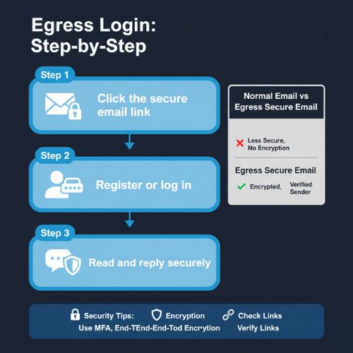 Infographic showing Egress login step-by-step: click secure email, register or log in, read and reply securely, with a mini comparison to normal email and security tips