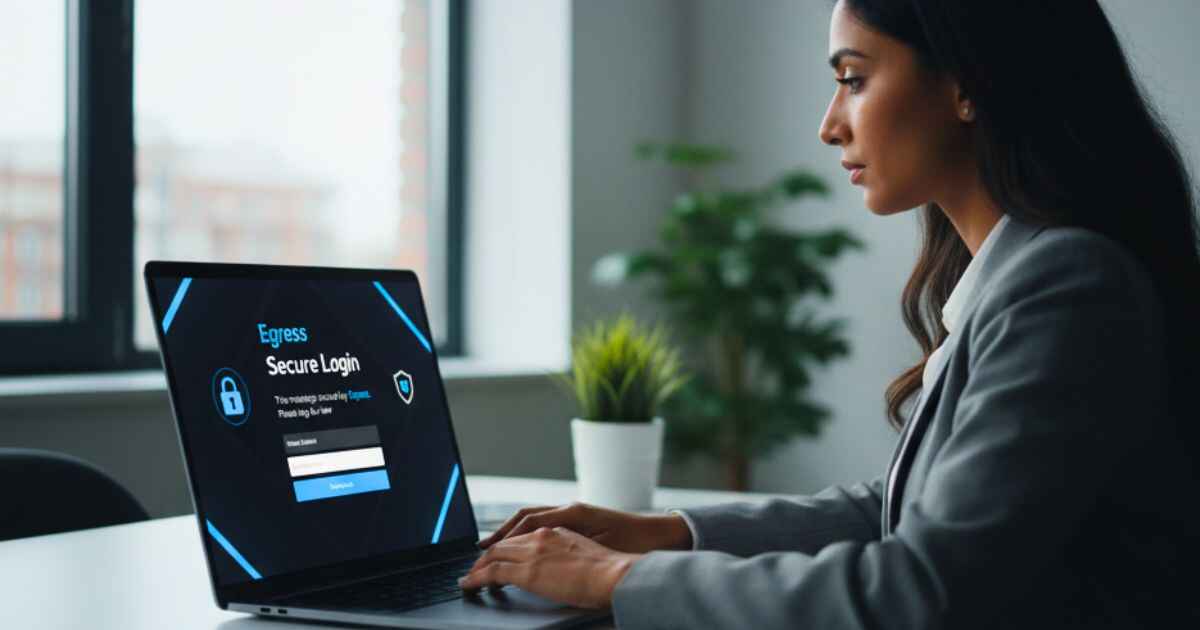 Person securely logging into Egress email portal on a laptop, illustrating Egress login process.