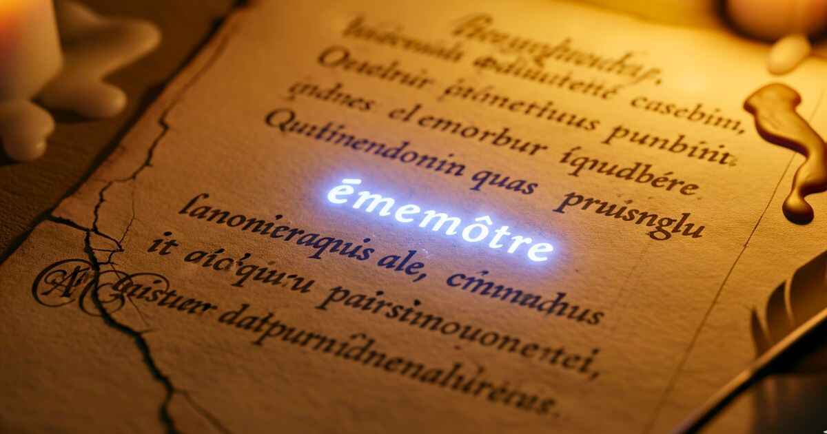 Faded 18th-century manuscript glowing around the word ememôtre under candlelight with historical ink and shadows.