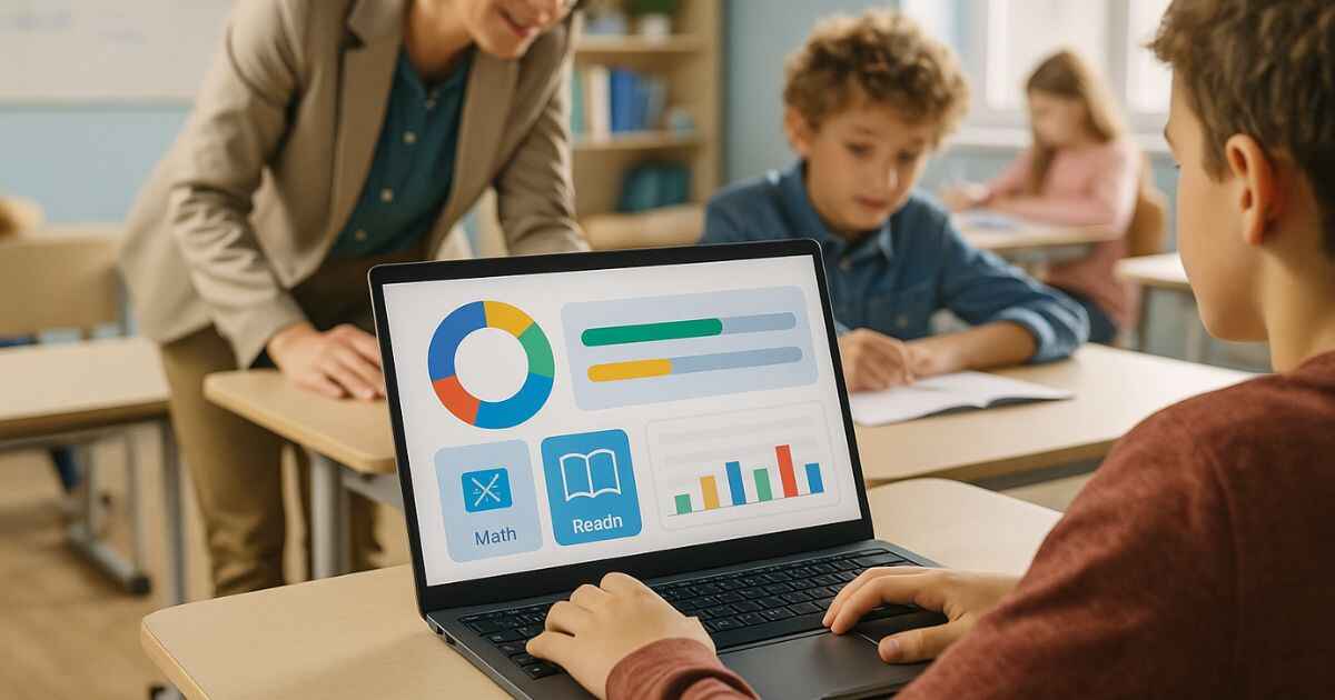 Student using laptop with FastBridge login dashboard in classroom, showing digital assessment tool and progress tracking for reading and math.