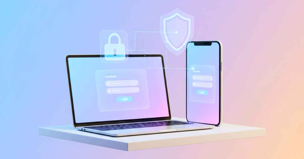 Grow Therapy login screen on laptop and phone with holographic security icons