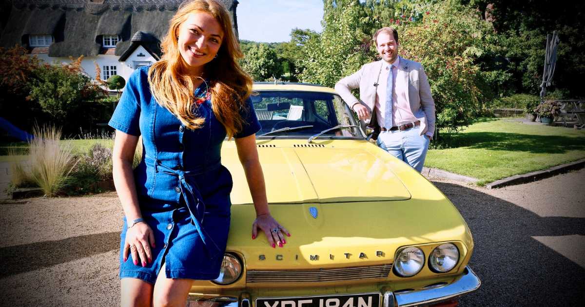 In outdoor place the Irita Marriott sit on a yellow car bonnet and Tim Medhurst is standing behind her.