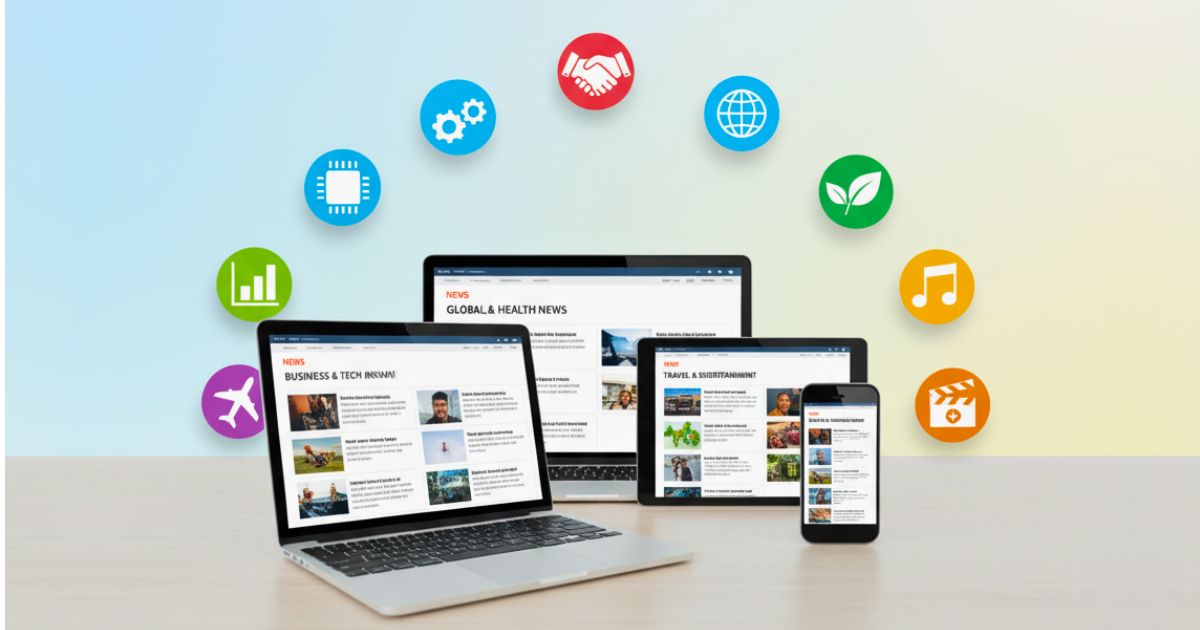 feature image of ScoopUpdates .com digital news platform across phone, laptop, and tablet with multiple categories.