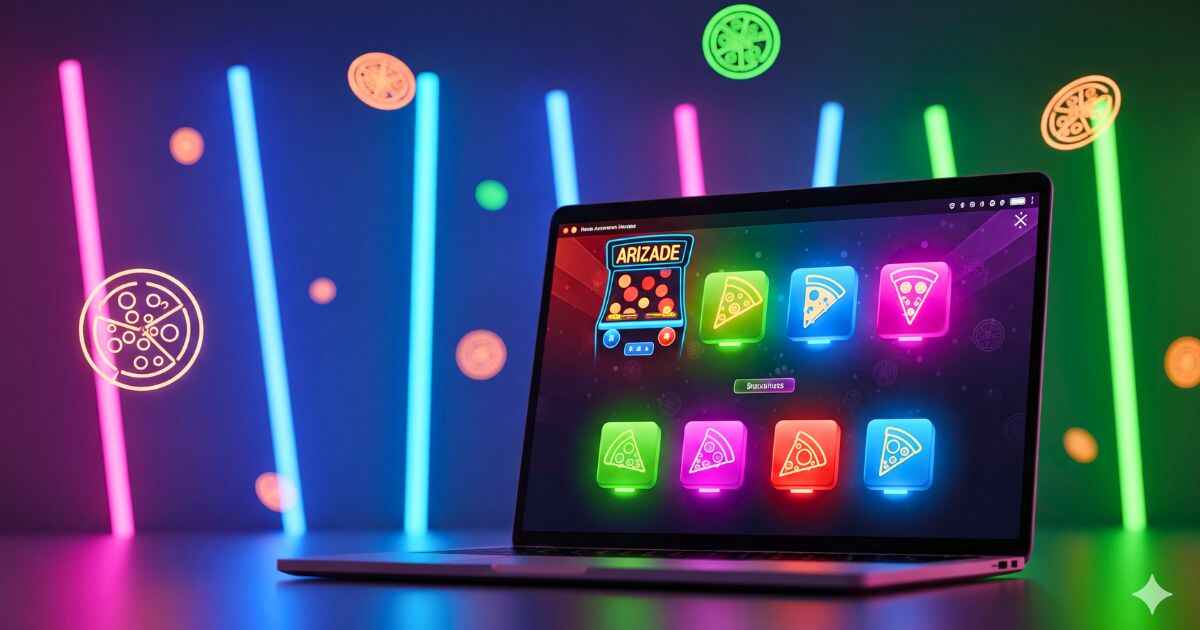 aptop screen showing The Pizza Edition arcade homepage with glowing pizza slice buttons as game controllers, neon gaming lights, and floating pizza icons in the background.