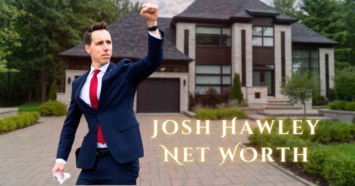Josh Hawley in a stylish pose, with a luxury bungalow in the background, and a heading that reads ‘Josh Hawley Net Worth.