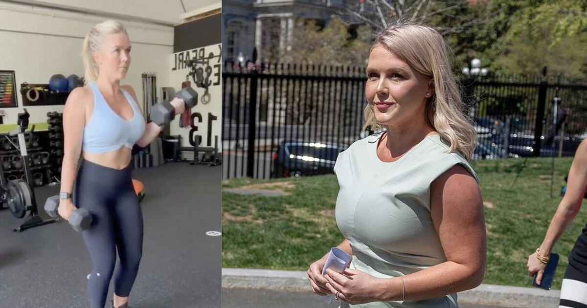 A split image: on one side, Karoline Leavitt is working out for weight loss, and on the other side, she is smiling outdoors