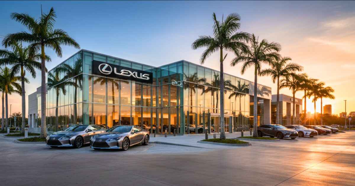 Exterior of Lexus of Orlando dealership with luxury cars displayed outside