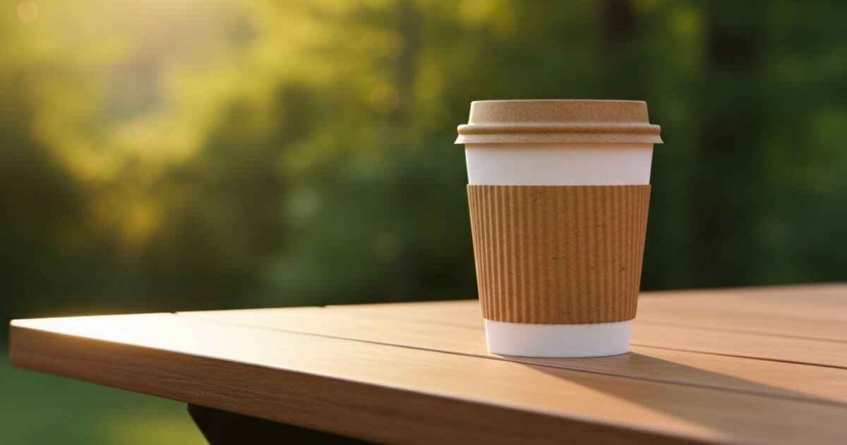 Coffee cup with eco-friendly pappedeckel lid on wooden table outdoors