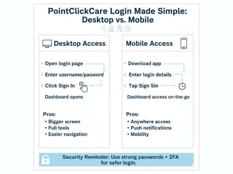 Infographic comparing PointClickCare login steps for desktop and mobile, with a security reminder.