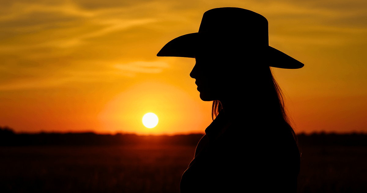 Silhouette of Taylor-Breesey-Face in a cowboy hat at sunset, standing in a rural field with her face hidden to highlight the mystery influencer vibe.