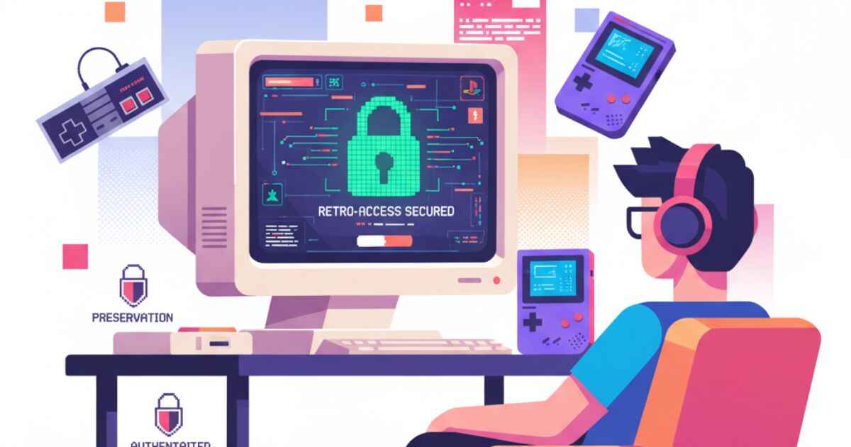 Retro gamer exploring classic games on Vimm’s Lair safely with old console icons in a modern digital archive.