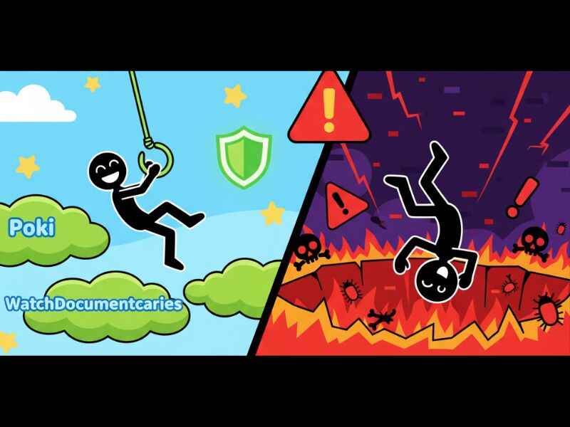 Stickman Hook Unblocked cartoon stickman swinging safely vs falling into unsafe risky sites.