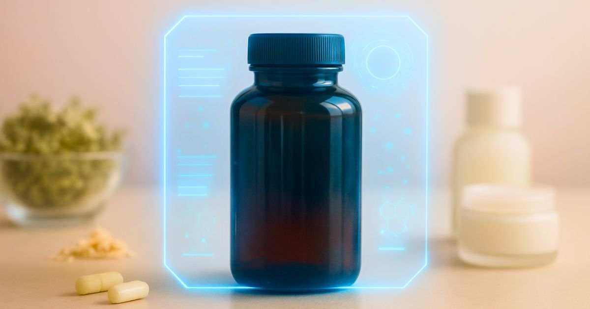 Wullkozvelex ingredients in holographic UI on dark bottle.