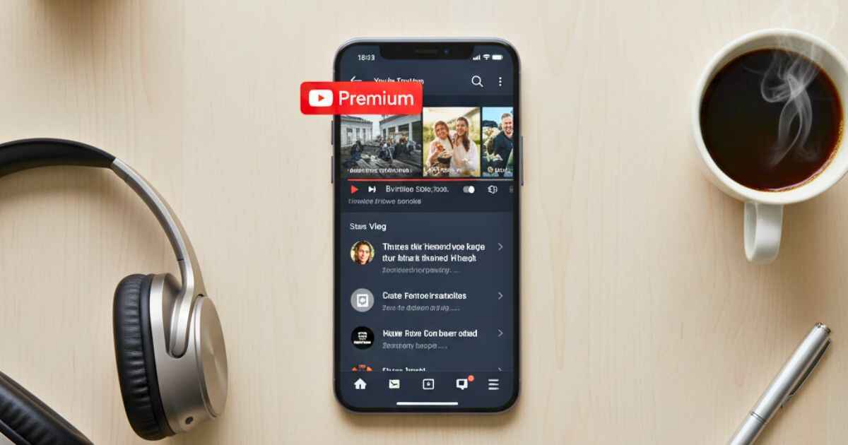 YouTube Premium Plans feature image showing smartphone streaming ad-free videos with headphones and coffee.