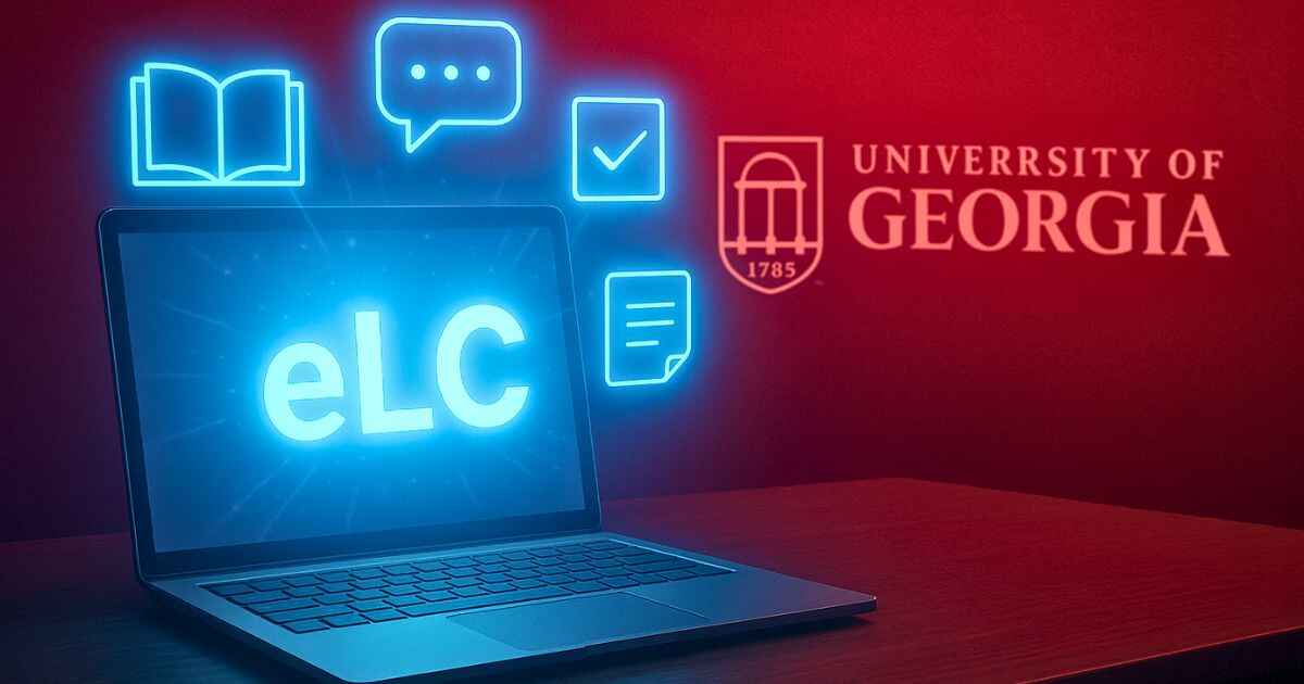 eLC UGA digital campus concept with laptop and glowing learning icons in University of Georgia colors