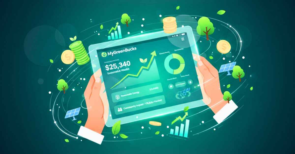 Illustration of MyGreenBucks Kenneth Jones platform showing tools for growing money safely and eco-friendly investments.