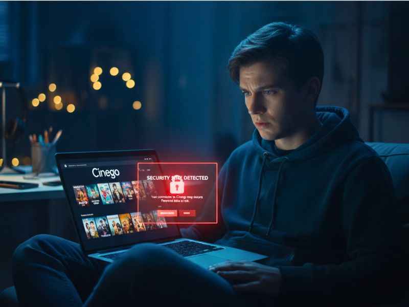 Person watching Cinego on laptop in dark room with warning and lock icons showing safety risks.