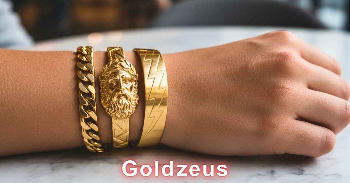 Wrist shot of person wearing Goldzeus-style bracelets showing bold gold designs inspired by Greek gods and modern fashion trends.