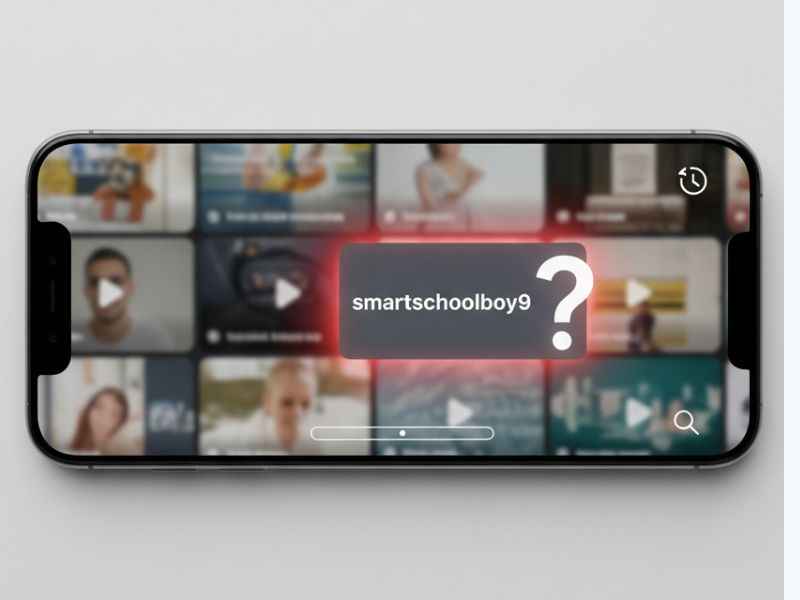 smartschoolboy9 social feed on a smartphone screen with blurred video thumbnails and a question mark