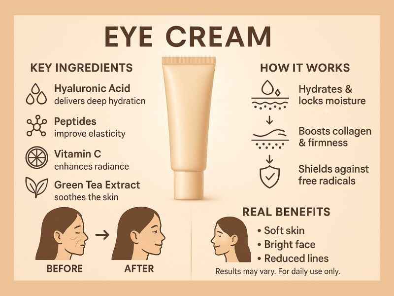 Infographic showing how SkinPres T cream hydrates, firms, and brightens skin with key ingredients and benefits.