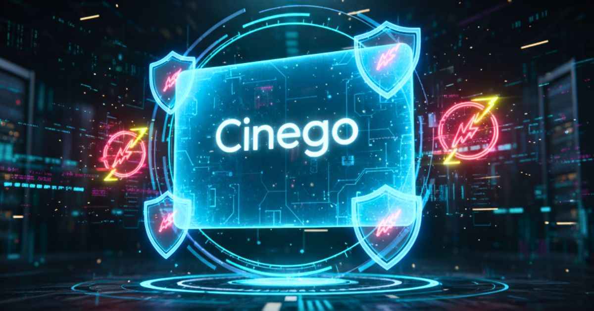 Cinego streaming platform concept with digital safety and warning icons