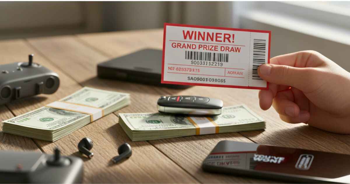 King of Comps contest ticket with cash, car keys, and smartphone – realistic view of contest prizes