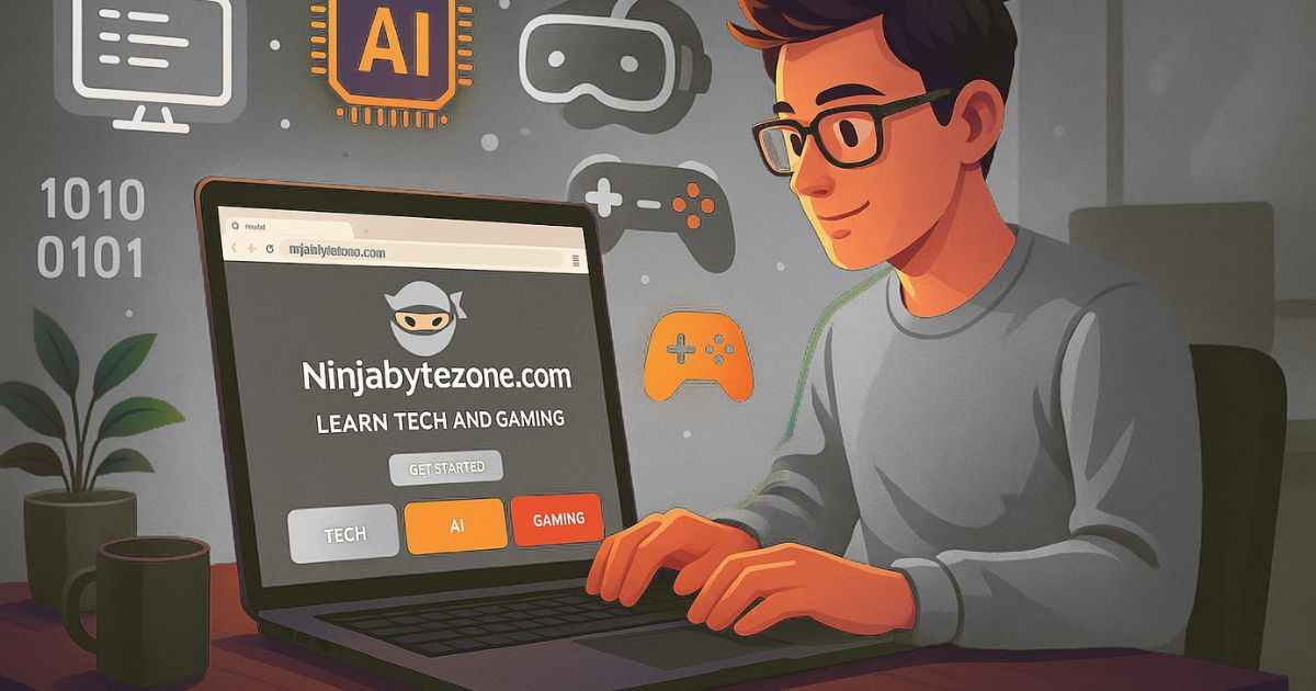 Illustration of Ninjabytezone .com homepage showing tech and gaming learning resource