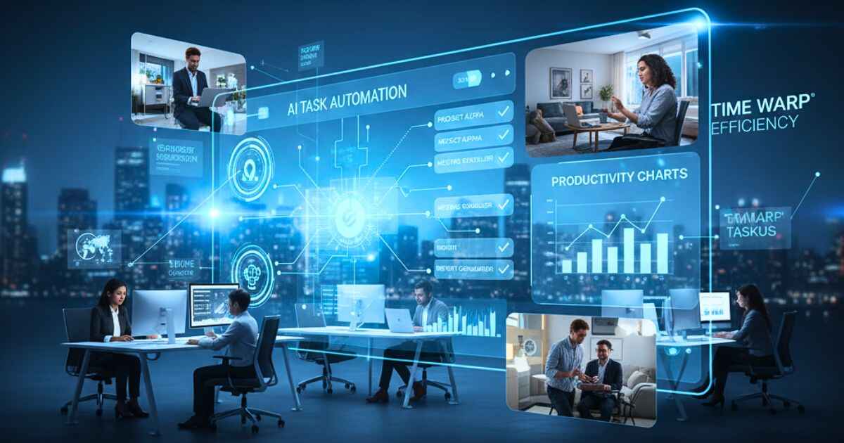 Remote team using AI task automation dashboard showing productivity charts, representing Time Warp TaskUs efficiency in a modern digital workspace