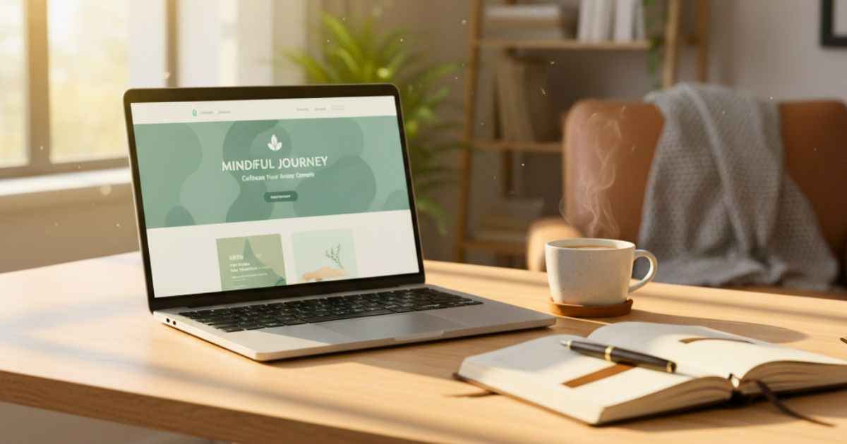 Calm reading environment showing dreamwithjeff. com open on a laptop with a notebook and coffee, reflecting personal growth and gentle motivation.